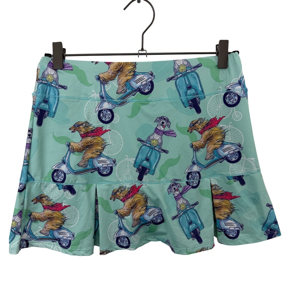 Trunkers Skirt Womens Medium Teal Dog Scooter Print Pleated Skort Athletic Wear